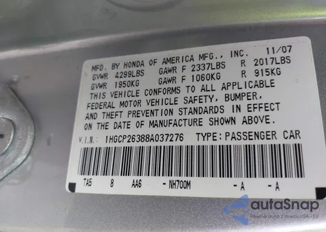 2008 Honda Accord 2.4 Lx из США, поврежденный, VIN 1HGCP26388A037276